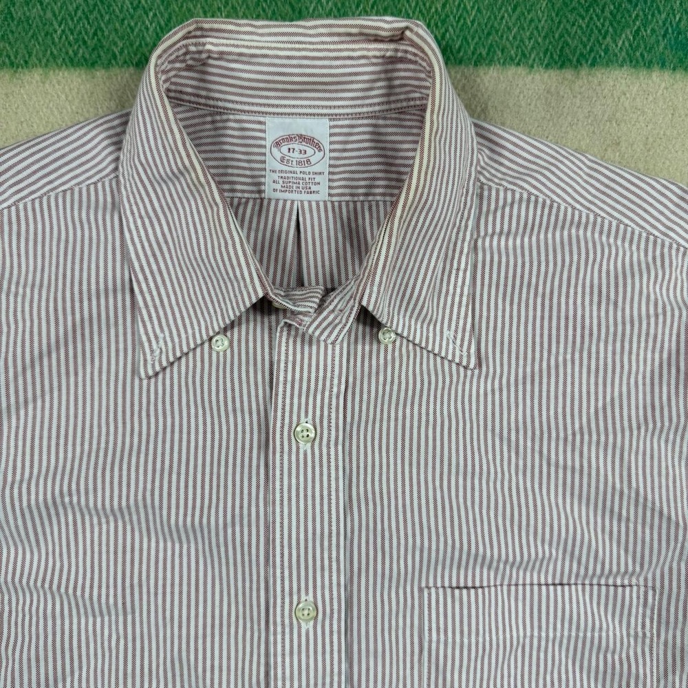 Vintage Brooks Brothers Mens 17-33 Red Striped Button Down Shirt Made in USA